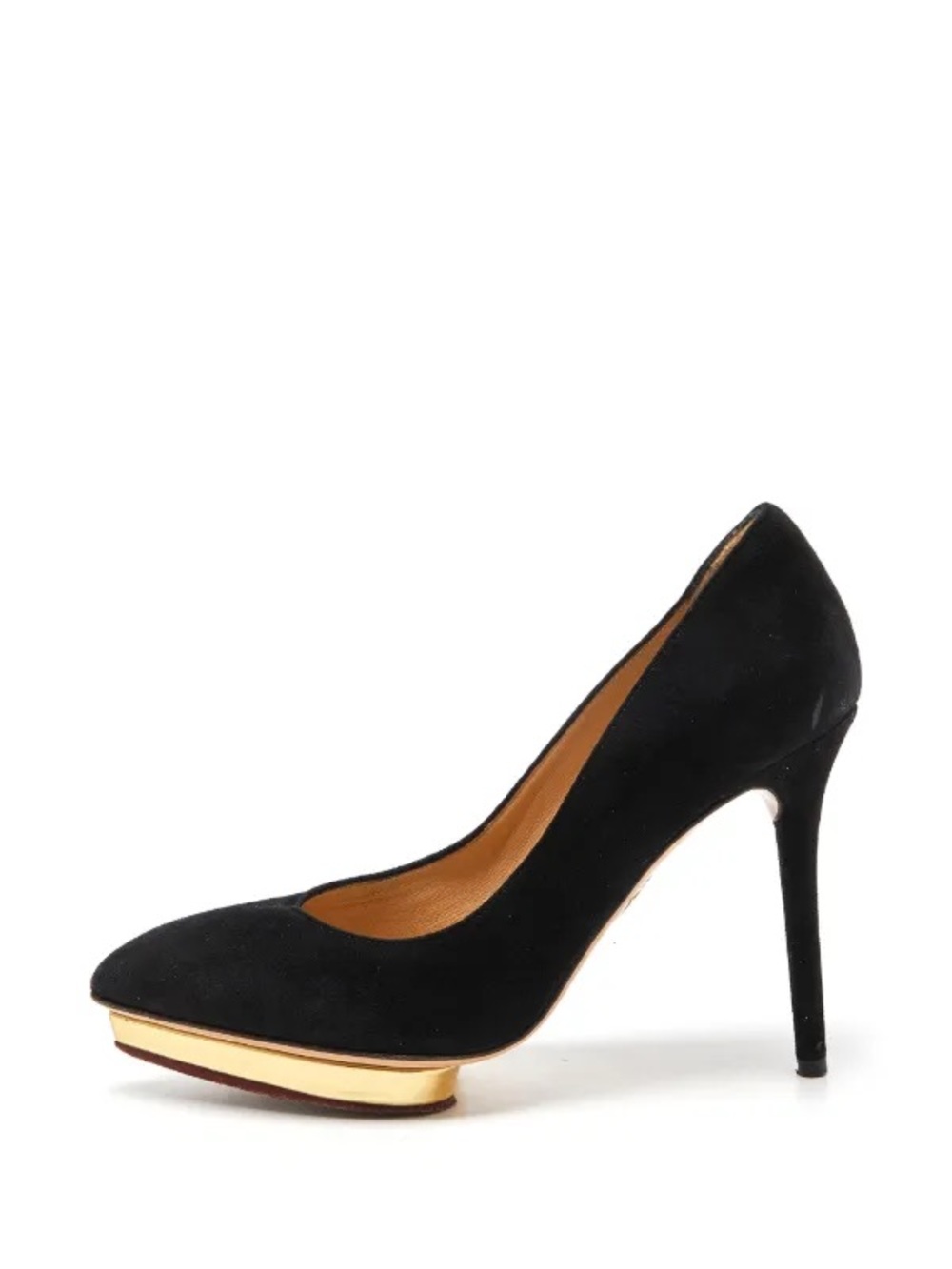 Charlotte Olympia Black Suede Stiletto Pump with Gold Platform